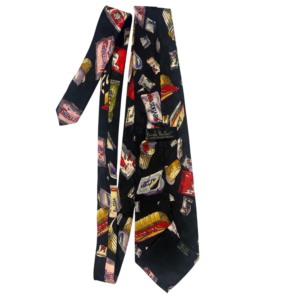 Nicole Miller Necktie Mens OS Black Condiment Packets Silk Novelty Print 1993